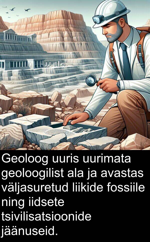 geoloogilist: Geoloog uuris uurimata geoloogilist ala ja avastas väljasuretud liikide fossiile ning iidsete tsivilisatsioonide jäänuseid.