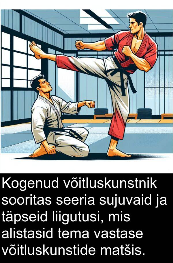 sooritas: Kogenud võitluskunstnik sooritas seeria sujuvaid ja täpseid liigutusi, mis alistasid tema vastase võitluskunstide matšis.
