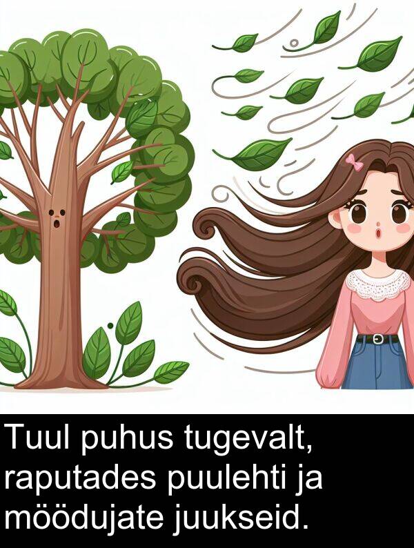 tugevalt: Tuul puhus tugevalt, raputades puulehti ja möödujate juukseid.