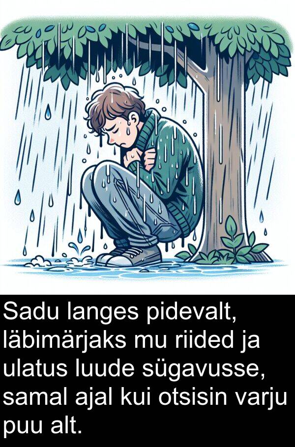 luude: Sadu langes pidevalt, läbimärjaks mu riided ja ulatus luude sügavusse, samal ajal kui otsisin varju puu alt.
