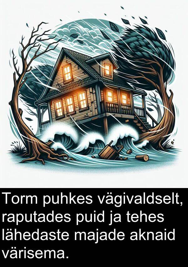 vägivaldselt: Torm puhkes vägivaldselt, raputades puid ja tehes lähedaste majade aknaid värisema.