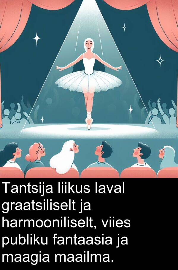 viies: Tantsija liikus laval graatsiliselt ja harmooniliselt, viies publiku fantaasia ja maagia maailma.