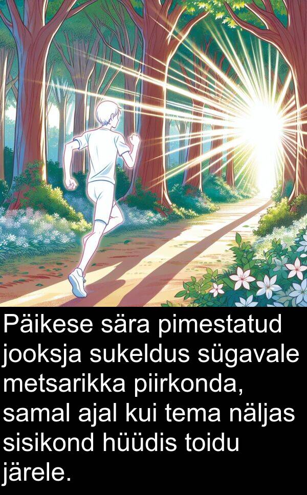 sära: Päikese sära pimestatud jooksja sukeldus sügavale metsarikka piirkonda, samal ajal kui tema näljas sisikond hüüdis toidu järele.