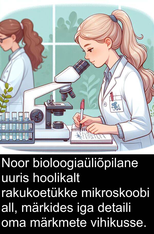 bioloogiaüliõpilane: Noor bioloogiaüliõpilane uuris hoolikalt rakukoetükke mikroskoobi all, märkides iga detaili oma märkmete vihikusse.