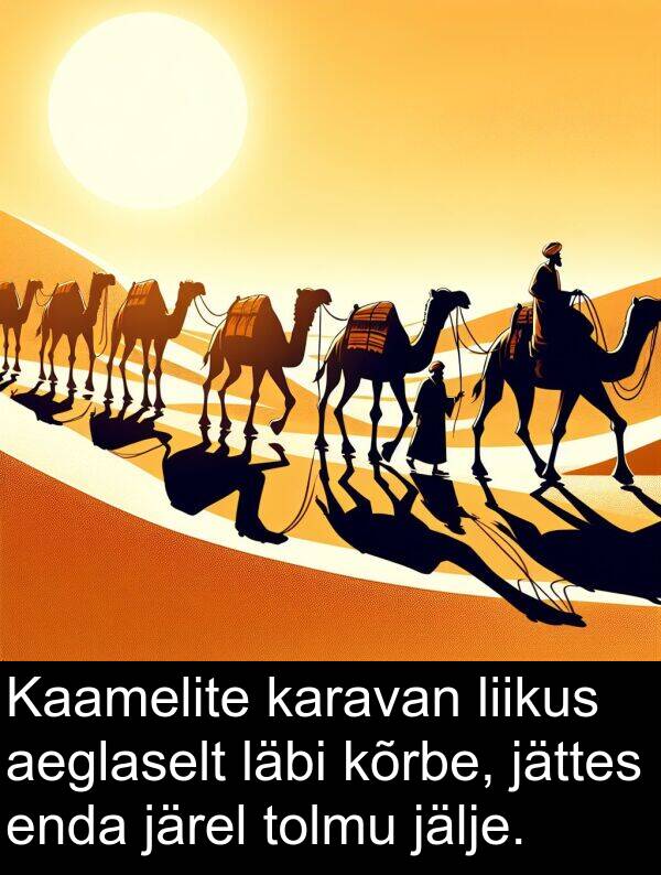 jälje: Kaamelite karavan liikus aeglaselt läbi kõrbe, jättes enda järel tolmu jälje.