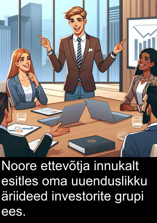 uuenduslikku: Noore ettevõtja innukalt esitles oma uuenduslikku äriideed investorite grupi ees.