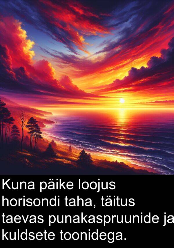 punakaspruunide: Kuna päike loojus horisondi taha, täitus taevas punakaspruunide ja kuldsete toonidega.