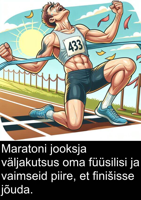 finišisse: Maratoni jooksja väljakutsus oma füüsilisi ja vaimseid piire, et finišisse jõuda.