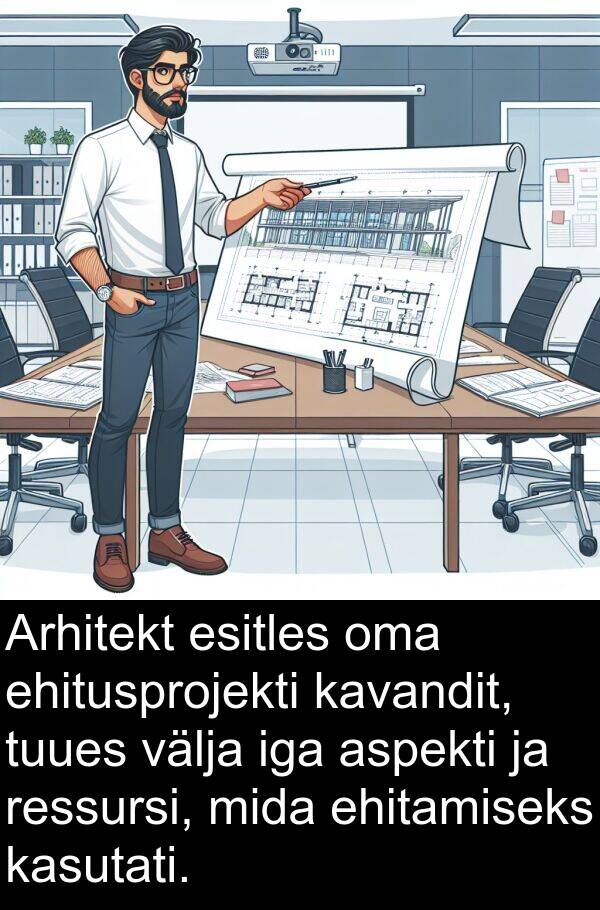 tuues: Arhitekt esitles oma ehitusprojekti kavandit, tuues välja iga aspekti ja ressursi, mida ehitamiseks kasutati.
