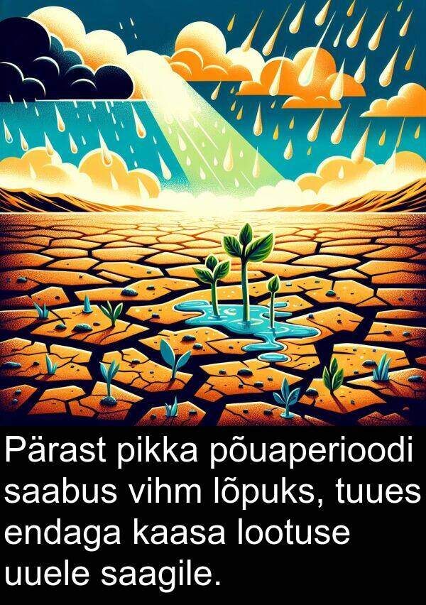 saagile: Pärast pikka põuaperioodi saabus vihm lõpuks, tuues endaga kaasa lootuse uuele saagile.