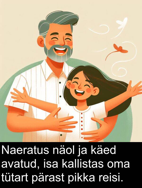 käed: Naeratus näol ja käed avatud, isa kallistas oma tütart pärast pikka reisi.