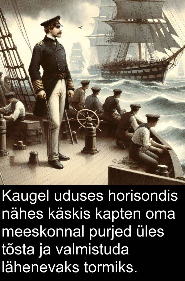 tõsta: Kaugel uduses horisondis nähes käskis kapten oma meeskonnal purjed üles tõsta ja valmistuda lähenevaks tormiks.