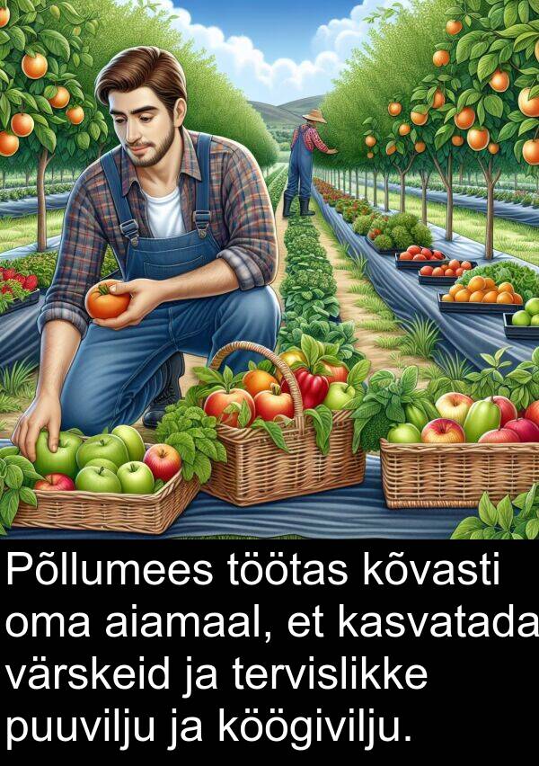 kõvasti: Põllumees töötas kõvasti oma aiamaal, et kasvatada värskeid ja tervislikke puuvilju ja köögivilju.