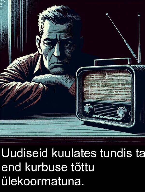 kurbuse: Uudiseid kuulates tundis ta end kurbuse tõttu ülekoormatuna.