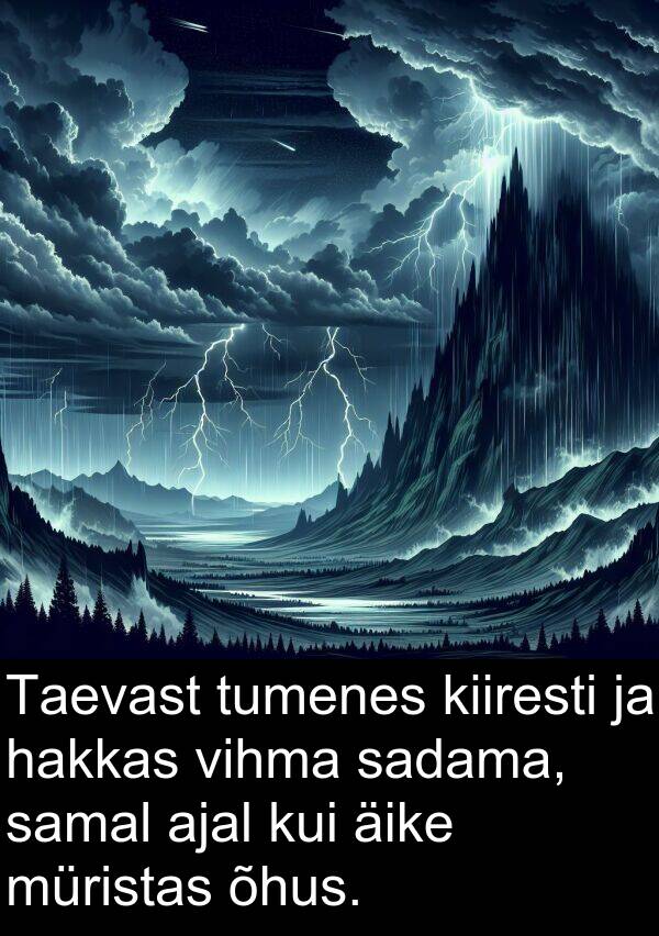 tumenes: Taevast tumenes kiiresti ja hakkas vihma sadama, samal ajal kui äike müristas õhus.