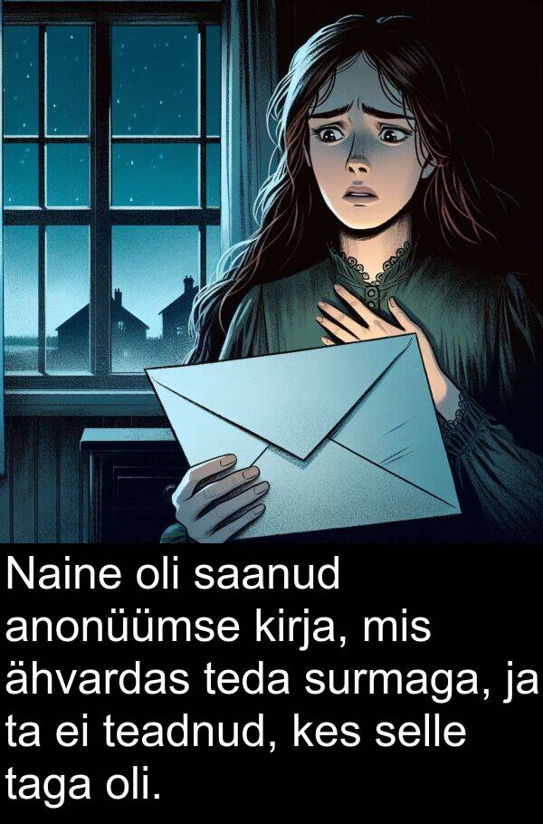 surmaga: Naine oli saanud anonüümse kirja, mis ähvardas teda surmaga, ja ta ei teadnud, kes selle taga oli.