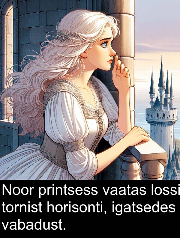 igatsedes: Noor printsess vaatas lossi tornist horisonti, igatsedes vabadust.