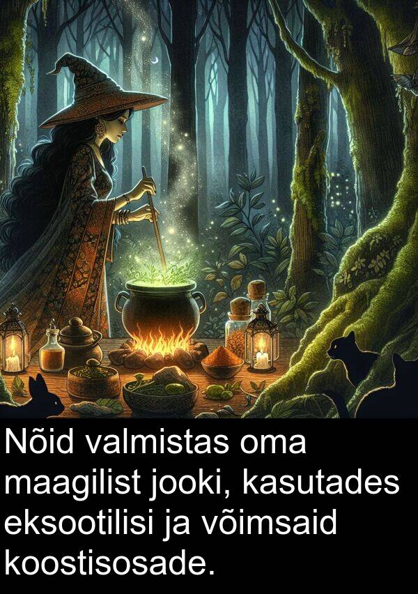 koostisosade: Nõid valmistas oma maagilist jooki, kasutades eksootilisi ja võimsaid koostisosade.