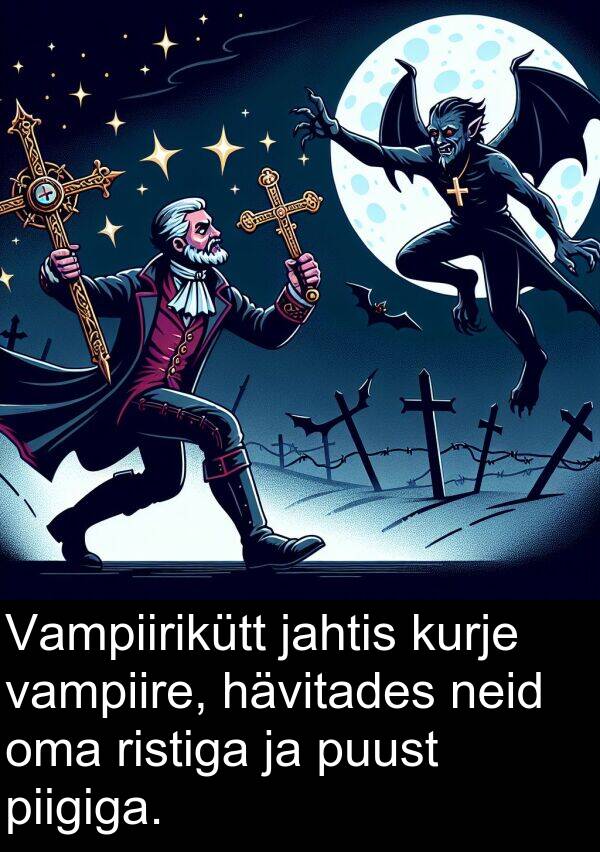 jahtis: Vampiirikütt jahtis kurje vampiire, hävitades neid oma ristiga ja puust piigiga.
