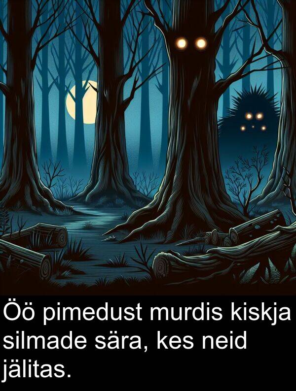 jälitas: Öö pimedust murdis kiskja silmade sära, kes neid jälitas.