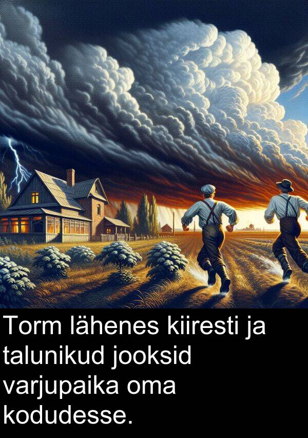 lähenes: Torm lähenes kiiresti ja talunikud jooksid varjupaika oma kodudesse.