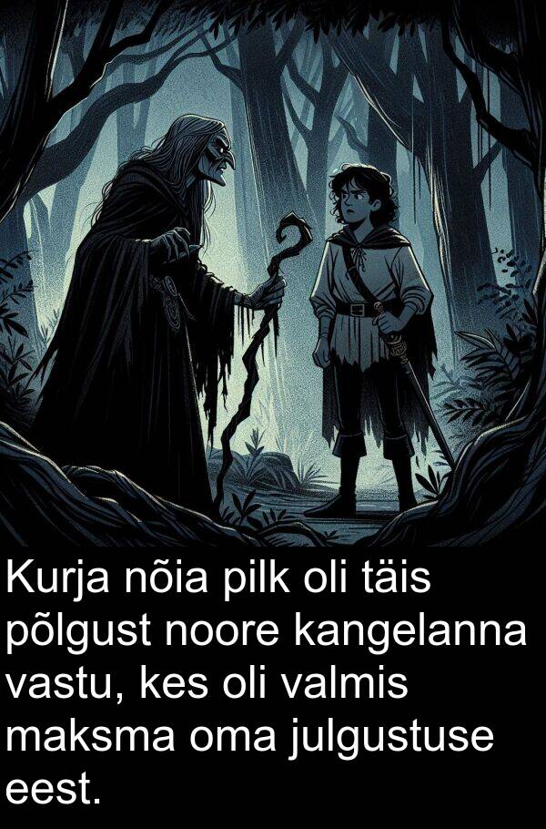 pilk: Kurja nõia pilk oli täis põlgust noore kangelanna vastu, kes oli valmis maksma oma julgustuse eest.