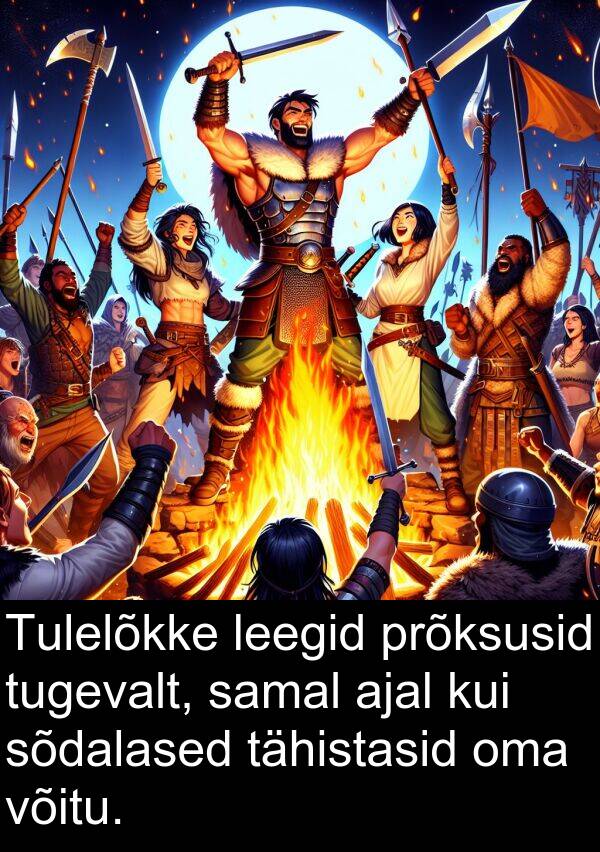 tugevalt: Tulelõkke leegid prõksusid tugevalt, samal ajal kui sõdalased tähistasid oma võitu.