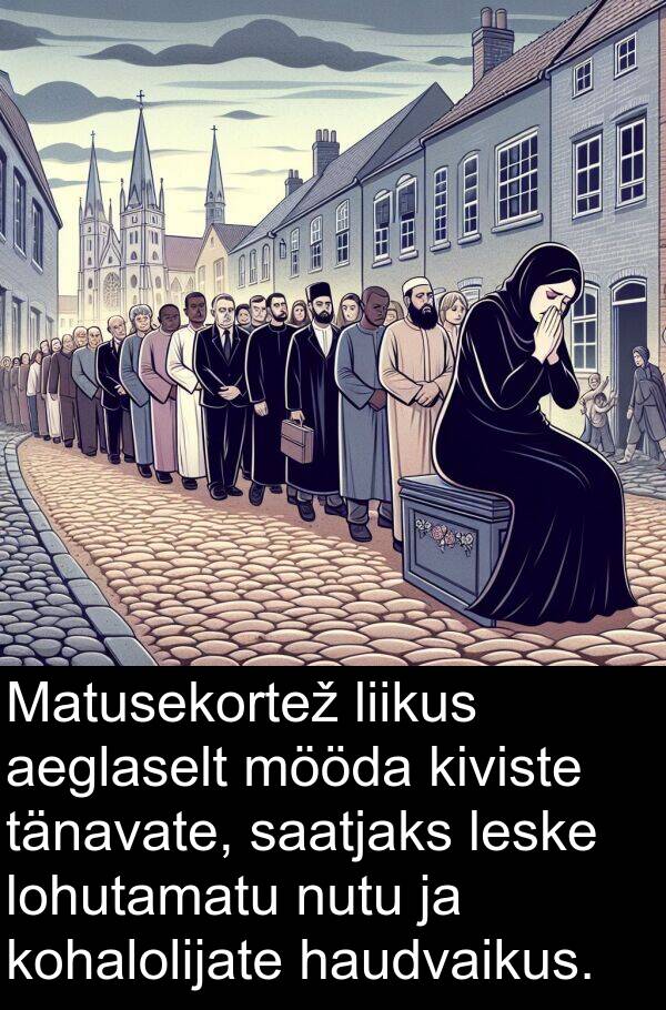 saatjaks: Matusekortež liikus aeglaselt mööda kiviste tänavate, saatjaks leske lohutamatu nutu ja kohalolijate haudvaikus.