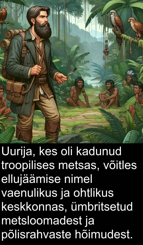 ohtlikus: Uurija, kes oli kadunud troopilises metsas, võitles ellujäämise nimel vaenulikus ja ohtlikus keskkonnas, ümbritsetud metsloomadest ja põlisrahvaste hõimudest.