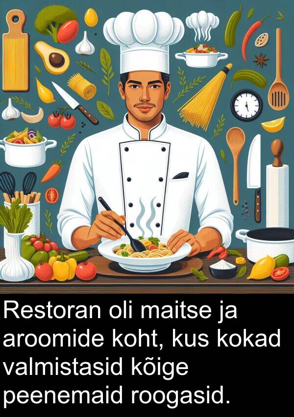 kus: Restoran oli maitse ja aroomide koht, kus kokad valmistasid kõige peenemaid roogasid.