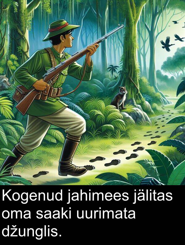 džunglis: Kogenud jahimees jälitas oma saaki uurimata džunglis.