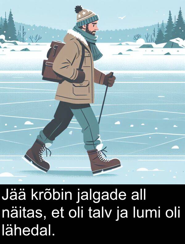 lumi: Jää krõbin jalgade all näitas, et oli talv ja lumi oli lähedal.