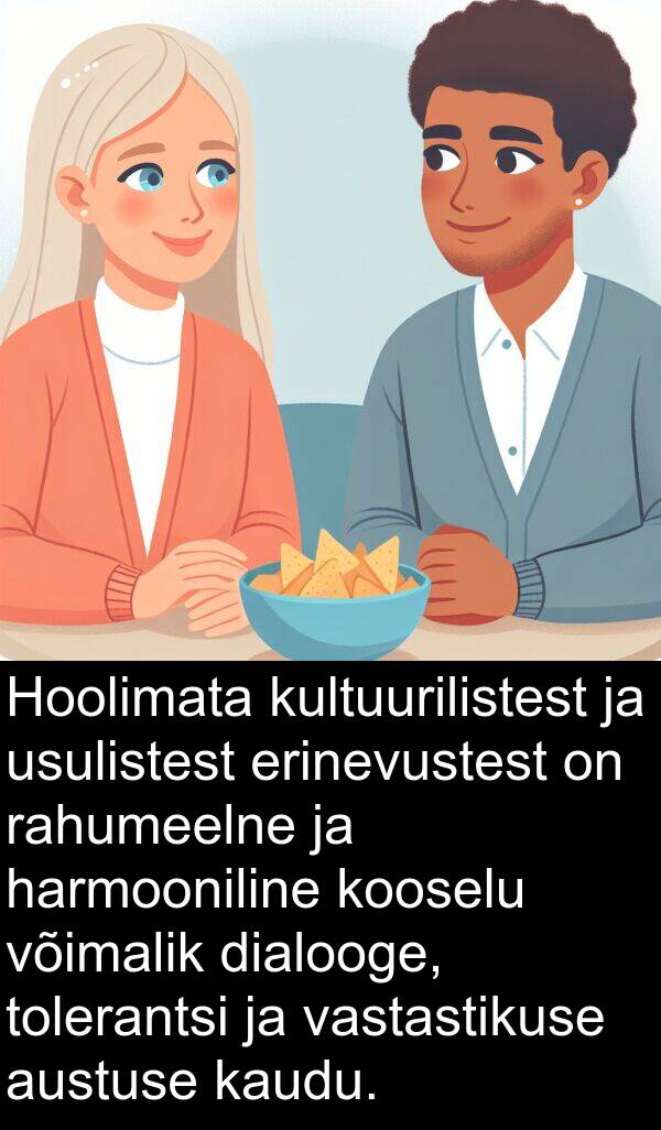 dialooge: Hoolimata kultuurilistest ja usulistest erinevustest on rahumeelne ja harmooniline kooselu võimalik dialooge, tolerantsi ja vastastikuse austuse kaudu.