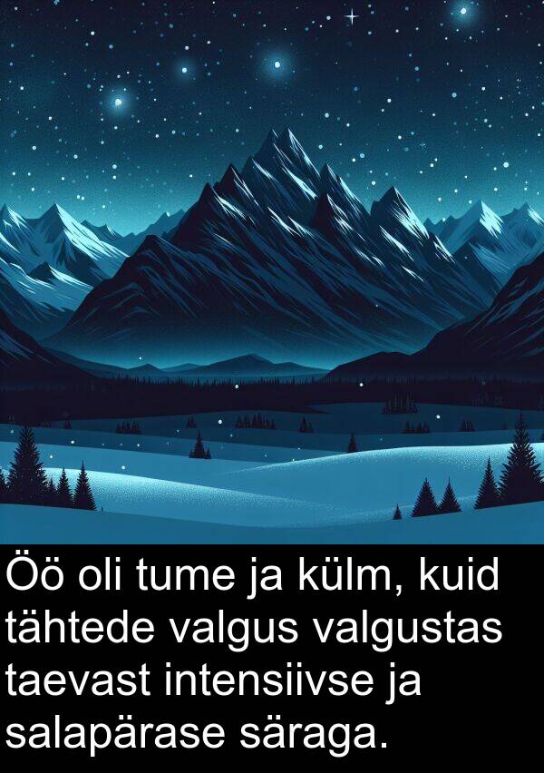 külm: Öö oli tume ja külm, kuid tähtede valgus valgustas taevast intensiivse ja salapärase säraga.