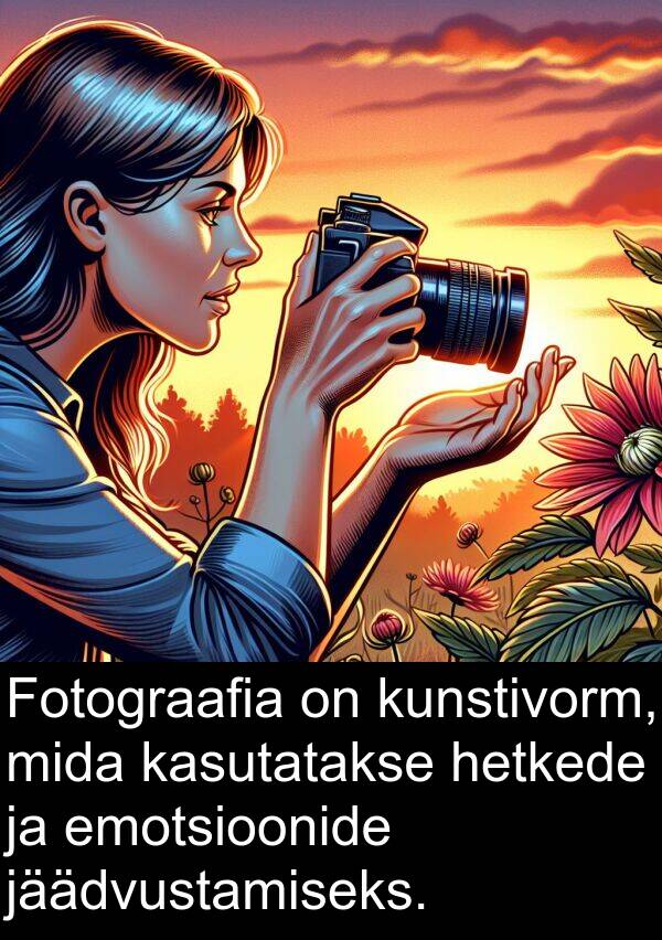 kunstivorm: Fotograafia on kunstivorm, mida kasutatakse hetkede ja emotsioonide jäädvustamiseks.