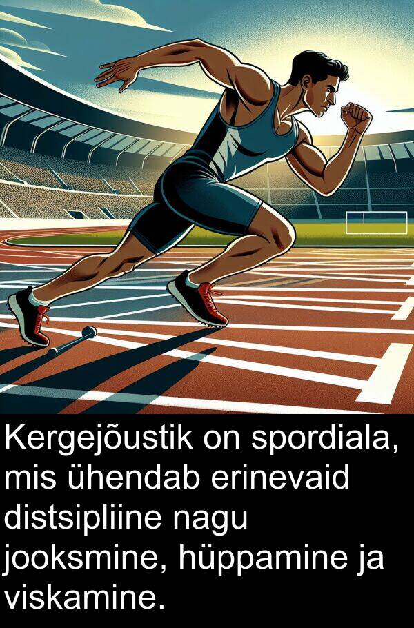 distsipliine: Kergejõustik on spordiala, mis ühendab erinevaid distsipliine nagu jooksmine, hüppamine ja viskamine.