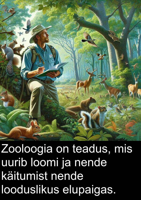 uurib: Zooloogia on teadus, mis uurib loomi ja nende käitumist nende looduslikus elupaigas.