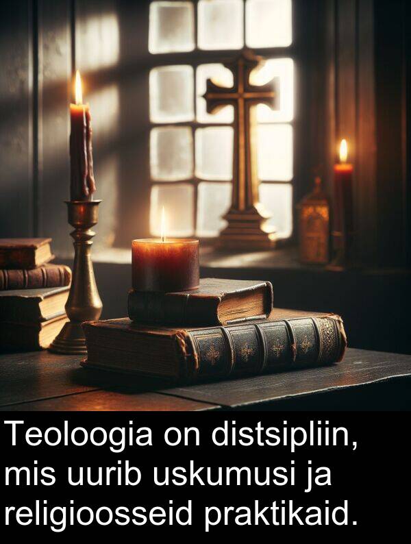 uurib: Teoloogia on distsipliin, mis uurib uskumusi ja religioosseid praktikaid.