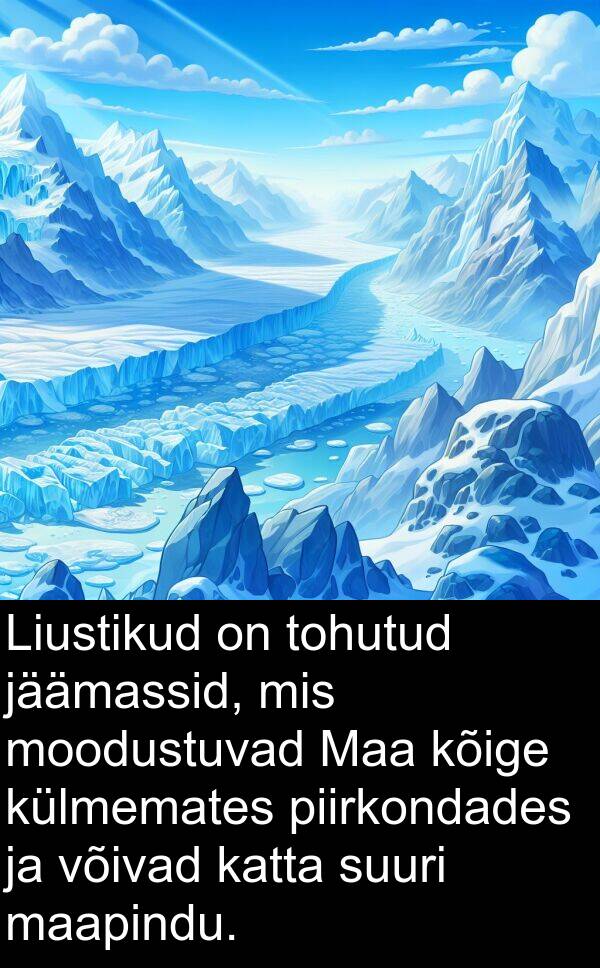 maapindu: Liustikud on tohutud jäämassid, mis moodustuvad Maa kõige külmemates piirkondades ja võivad katta suuri maapindu.