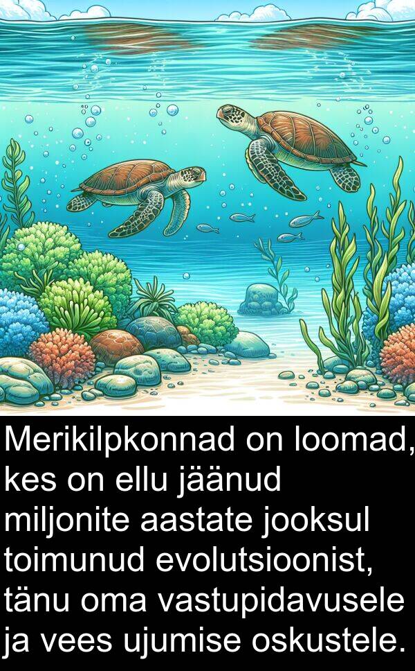 toimunud: Merikilpkonnad on loomad, kes on ellu jäänud miljonite aastate jooksul toimunud evolutsioonist, tänu oma vastupidavusele ja vees ujumise oskustele.