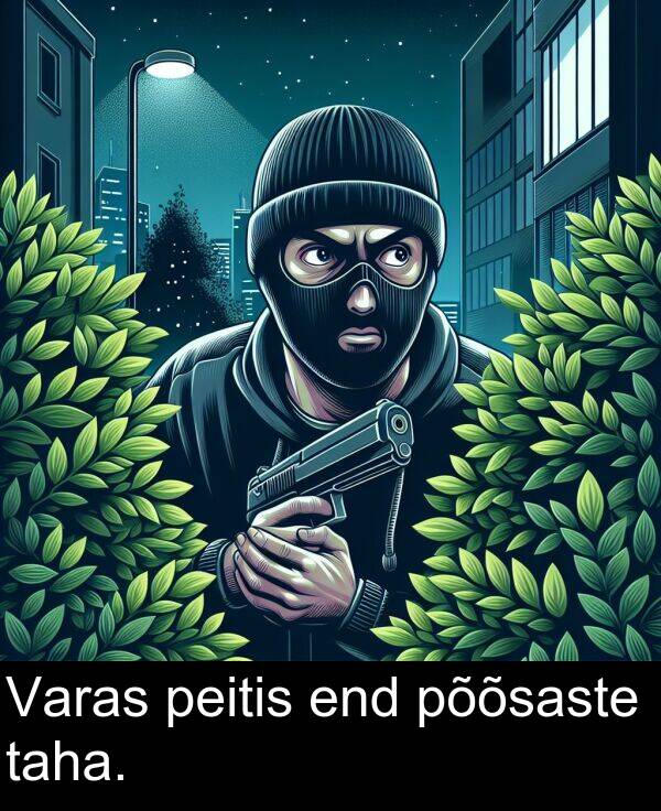 põõsaste: Varas peitis end põõsaste taha.
