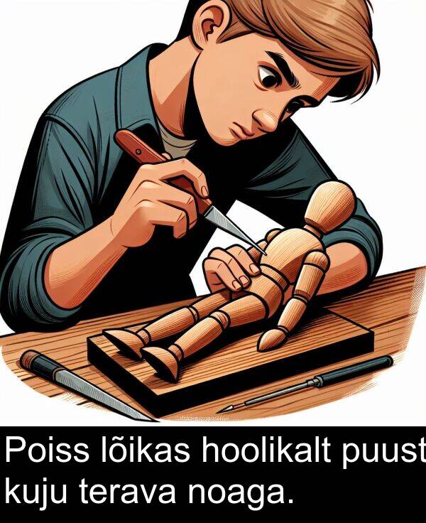 kuju: Poiss lõikas hoolikalt puust kuju terava noaga.