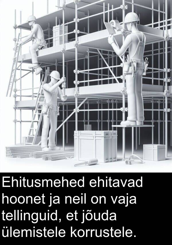 korrustele: Ehitusmehed ehitavad hoonet ja neil on vaja tellinguid, et jõuda ülemistele korrustele.