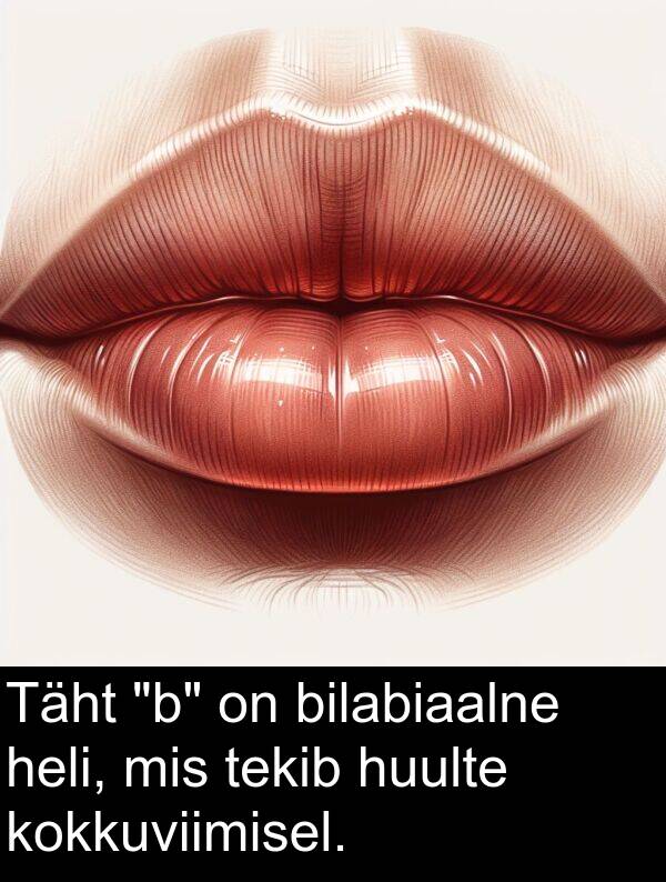 bilabiaalne: Täht "b" on bilabiaalne heli, mis tekib huulte kokkuviimisel.