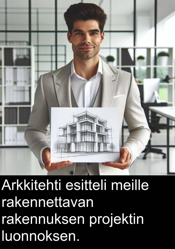 meille: Arkkitehti esitteli meille rakennettavan rakennuksen projektin luonnoksen.