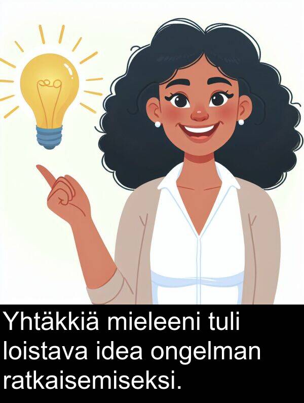 idea: Yhtäkkiä mieleeni tuli loistava idea ongelman ratkaisemiseksi.
