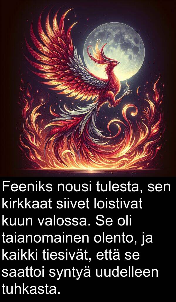 syntyä: Feeniks nousi tulesta, sen kirkkaat siivet loistivat kuun valossa. Se oli taianomainen olento, ja kaikki tiesivät, että se saattoi syntyä uudelleen tuhkasta.