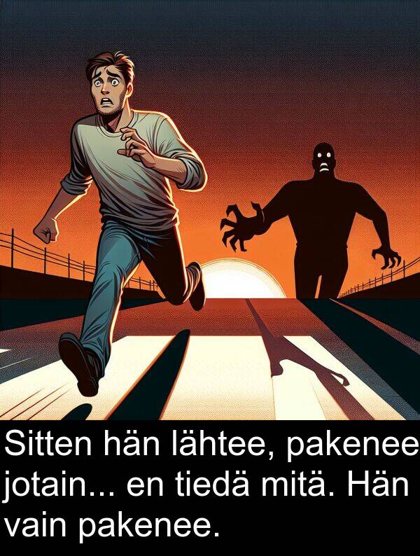 jotain: Sitten hän lähtee, pakenee jotain... en tiedä mitä. Hän vain pakenee.