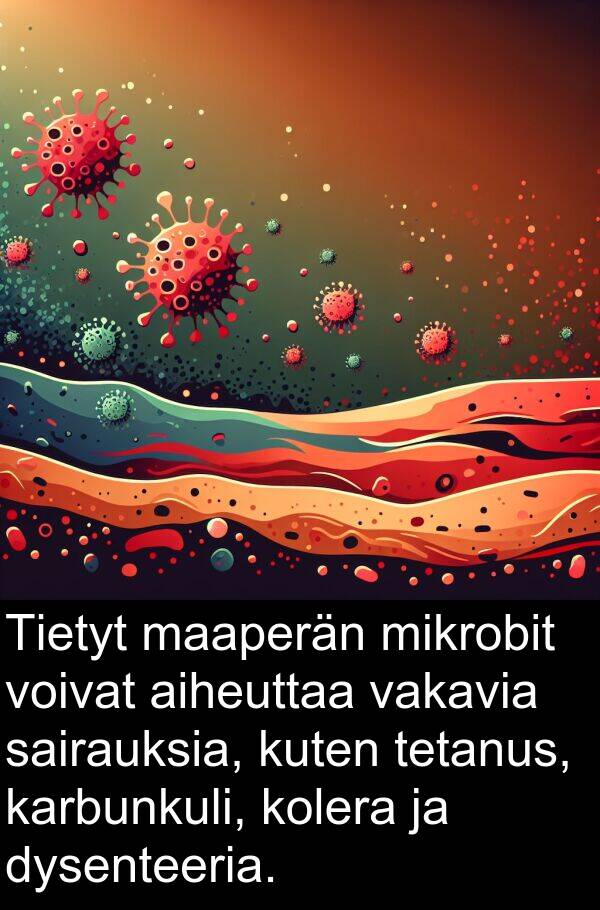 sairauksia: Tietyt maaperän mikrobit voivat aiheuttaa vakavia sairauksia, kuten tetanus, karbunkuli, kolera ja dysenteeria.
