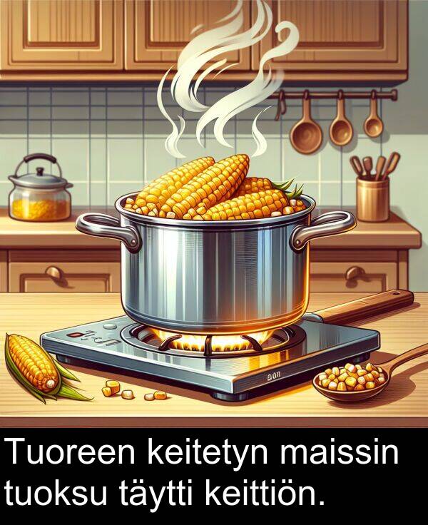 tuoksu: Tuoreen keitetyn maissin tuoksu täytti keittiön.